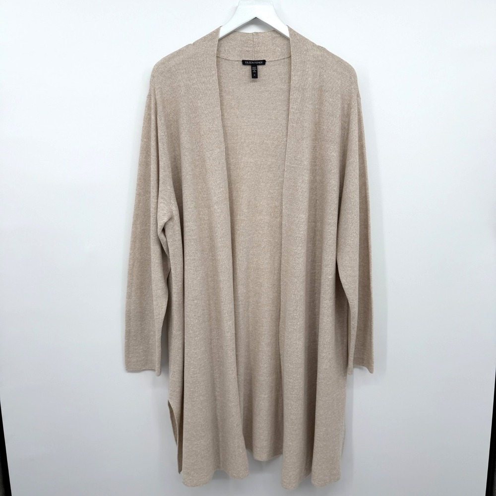 Eileen Fisher Cardigan Sweater Duster Long 2X Linen Blend Neutral Quiet Luxury